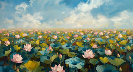 Lotus flower field with blue sky and white clouds, Digital paintingの素材