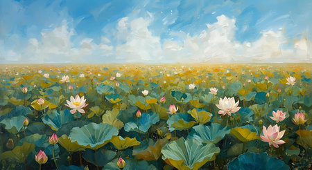Lotus flower blooming in the field, watercolor painting.の素材