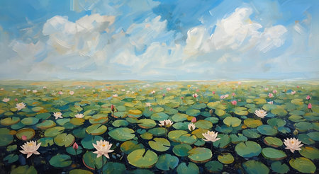 Water lilies on the pond in the park. Landscape paintingの素材