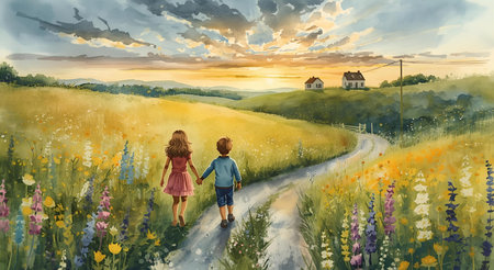 Two little kids, boy and girl, walking on the road in the field of wildflowers.の素材