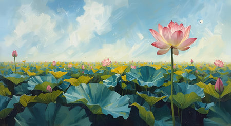 Illustration of beautiful lotus in the pond with sky background.の素材