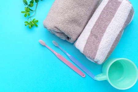 The toothbrushes and towelの写真素材