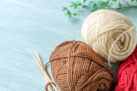 Equipment for knitting and crochet (colorful cotton yarn, ball of threads)