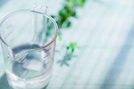 Measuring cup isolated on wooden tableの写真素材