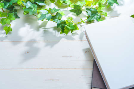 Hardback book on wooden tableの写真素材