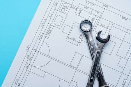 Spanners and wrenches, drawing on color backgroundの写真素材