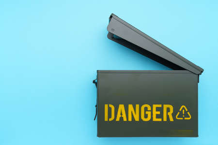 Green ammo box isolated on color backgroundの写真素材