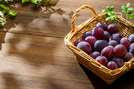 Japanese Kyoho grapes on wooden tableの写真素材