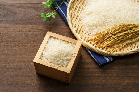 Japanese white rice on wooden tableの写真素材