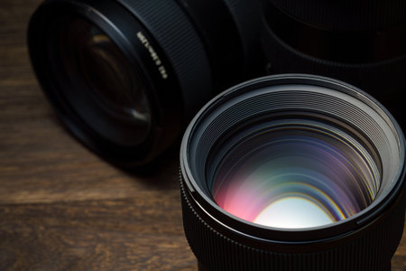 Close up of camera lens on wooden table