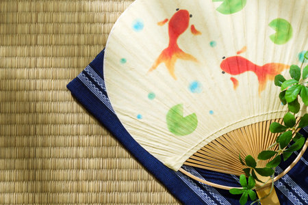 Japanese fan on tatami mat. Japanese summer sceneの写真素材
