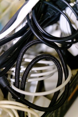 cluttered with many cables on boxの写真素材