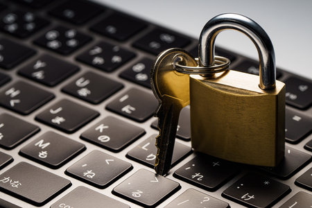 Computer keyboard and padlock on dark backgroundの写真素材