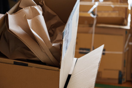 Cardboard boxes stacked in a roomの写真素材