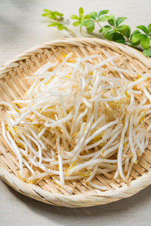 Fresh Bean Sprouts on Bamboo Colander