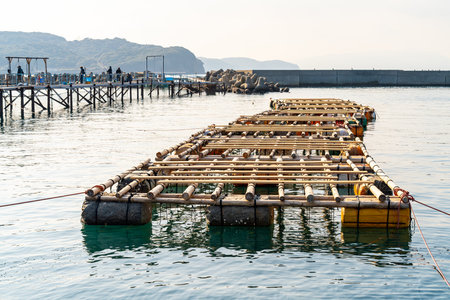 Floating Fish Farm Cage on the Calm Seaの写真素材
