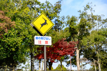 Deer crossing warning sign in Nara, Japanの写真素材