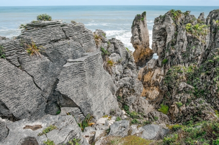 New Zealand Coastal Rocks   Patterns of sedimentation and erosion show in finely detailed pancake rock formations on the west coast of New Zealands South Island の写真素材