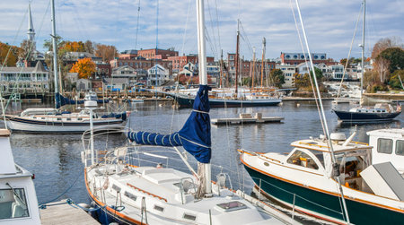 New England Harbor:  Yachts, fishing boats and sailing ships gather in Camden, Maine on an October afternoon.の写真素材