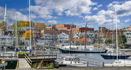 Camden, Maine:  A wide variety of boats for sailing and fishing gather in the harbor at this New England town on a sunny autumn day.の写真素材