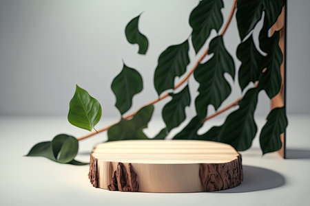 Wooden podium for product presentation with green leaves. 3D renderingの素材