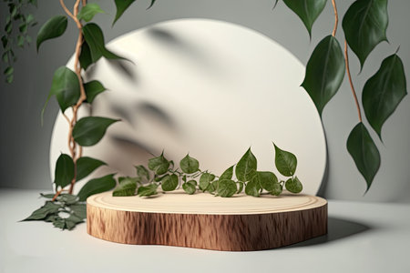 3d render of product display podium with green leaves. minimal sceneの素材