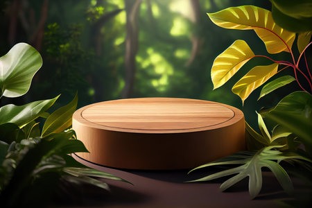 Wooden product display podium with tropical leaves background. 3d renderingの素材