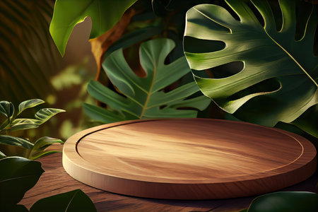 Wooden podium on the background of tropical leaves. 3d renderingの素材