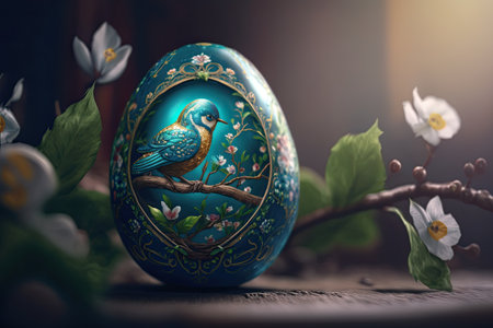Easter egg painted in blue with a bird sitting on a branchの素材