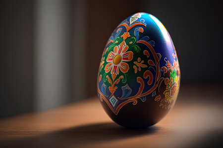 Colorful painted easter egg on wooden table. 3d renderの素材