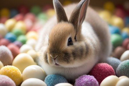 Cute little bunny and colorful easter eggs, closeup.の素材