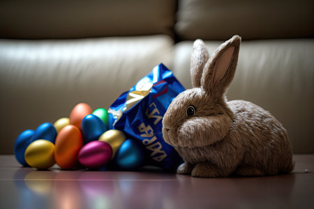 Easter bunny and colorful eggs on the floor in front of sofaの素材