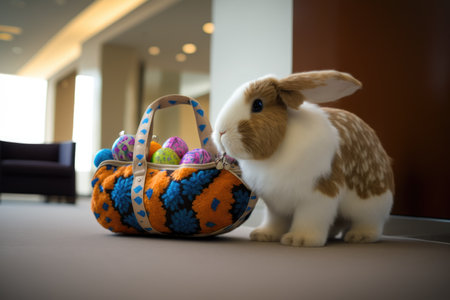 Rabbit and basket of easter eggs in the living room.の素材