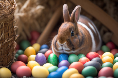 Cute Easter bunny with colorful eggs on wooden background, closeupの素材