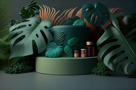 3d render of natural cosmetic product display podium with monstera leaves.の素材