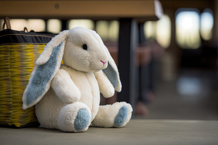 Rabbit toy on the table in front of the bus, vintage toneの素材