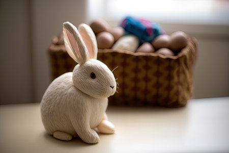 Easter bunny with chocolate eggs on a white table. selective focusの素材