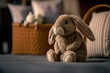 Rabbit sitting on the bed with a basket in the background.の素材