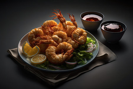 Fried prawns with soy sauce and lemon on black backgroundの素材