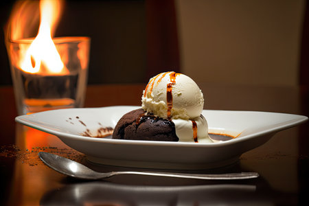 Chocolate ice cream with caramel sauce on white plate and burning candleの素材