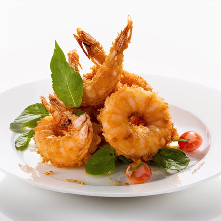 Fried prawns with basil and cherry tomatoes on white plateの素材