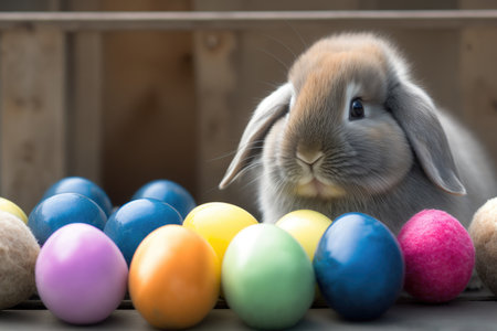 Easter bunny with colorful eggs on wooden background, selective focus.の素材