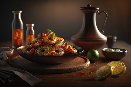 Fried shrimps on a plate on a wooden background.の素材