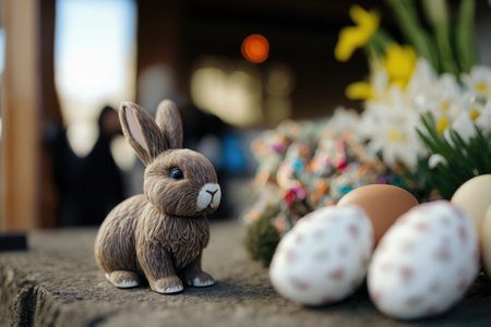 Easter decoration with bunny, eggs and daffodils.の素材