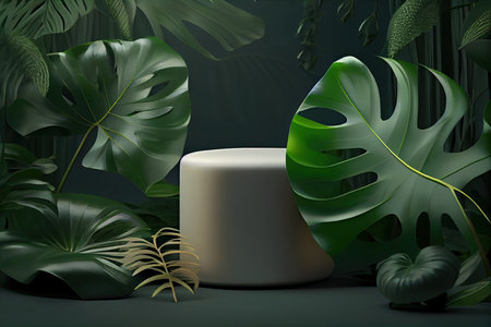 3d render, abstract minimal scene with geometric shapes, tropical leaves, podium for product presentation.の素材