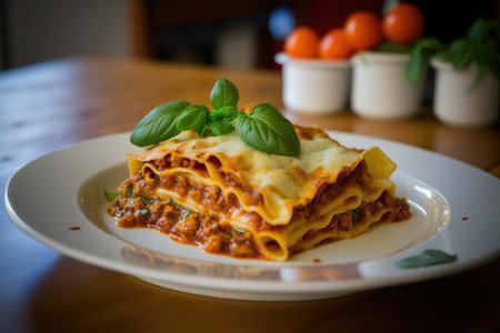 Closeup of lasagna bolognese on a white plateの素材