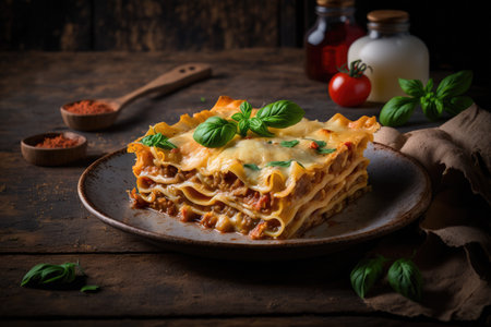 Traditional lasagna bolognese on rustic wooden background.の素材