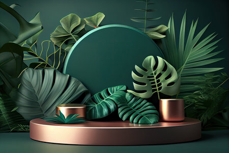 3d rendering of golden podium for product presentation with monstera leaves.の素材