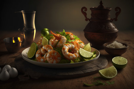Shrimps on a plate with lime and salt on wooden backgroundの素材