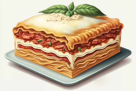 Illustration of a piece of lasagna with tomato sauce and basilの素材